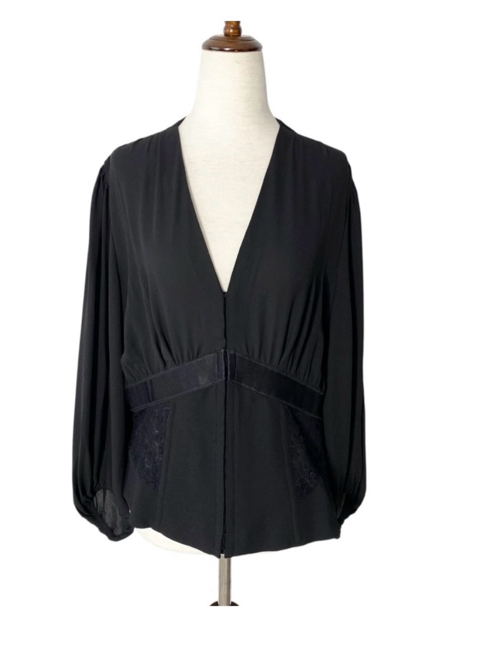 Black V-Neck Long Sleeve Women's Blouse with Lace details on waist.